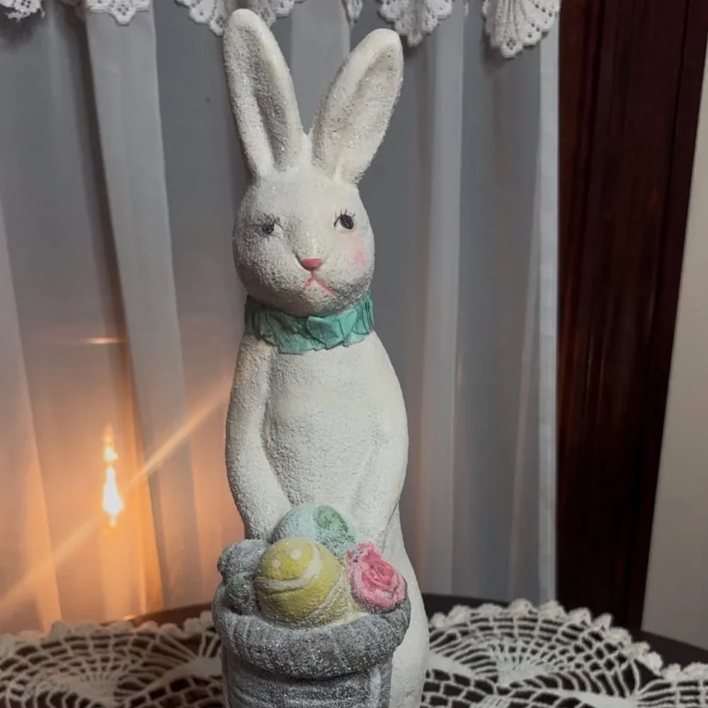 Vintage Rabbit Spring Easter Egg Basket Figurine Pier 1 White Pink Gray Blue
